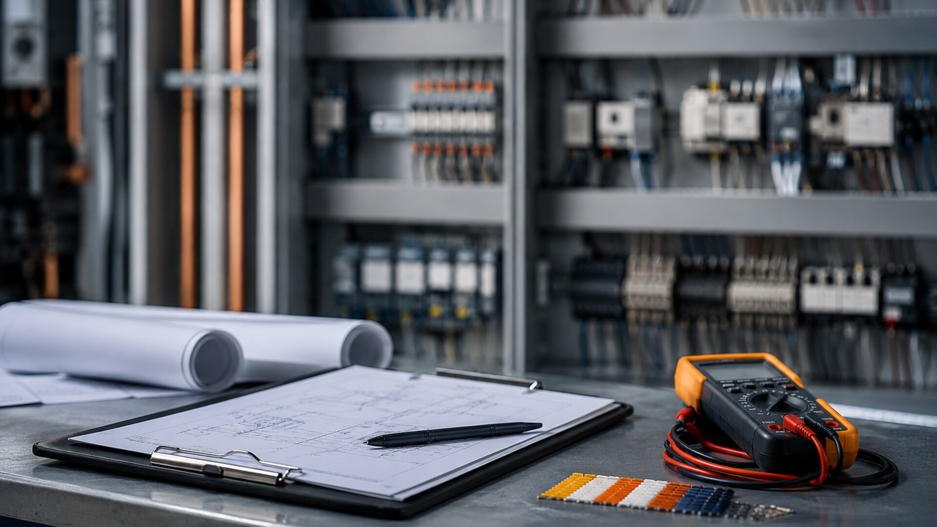 Electrical field review with plans and testing equipment