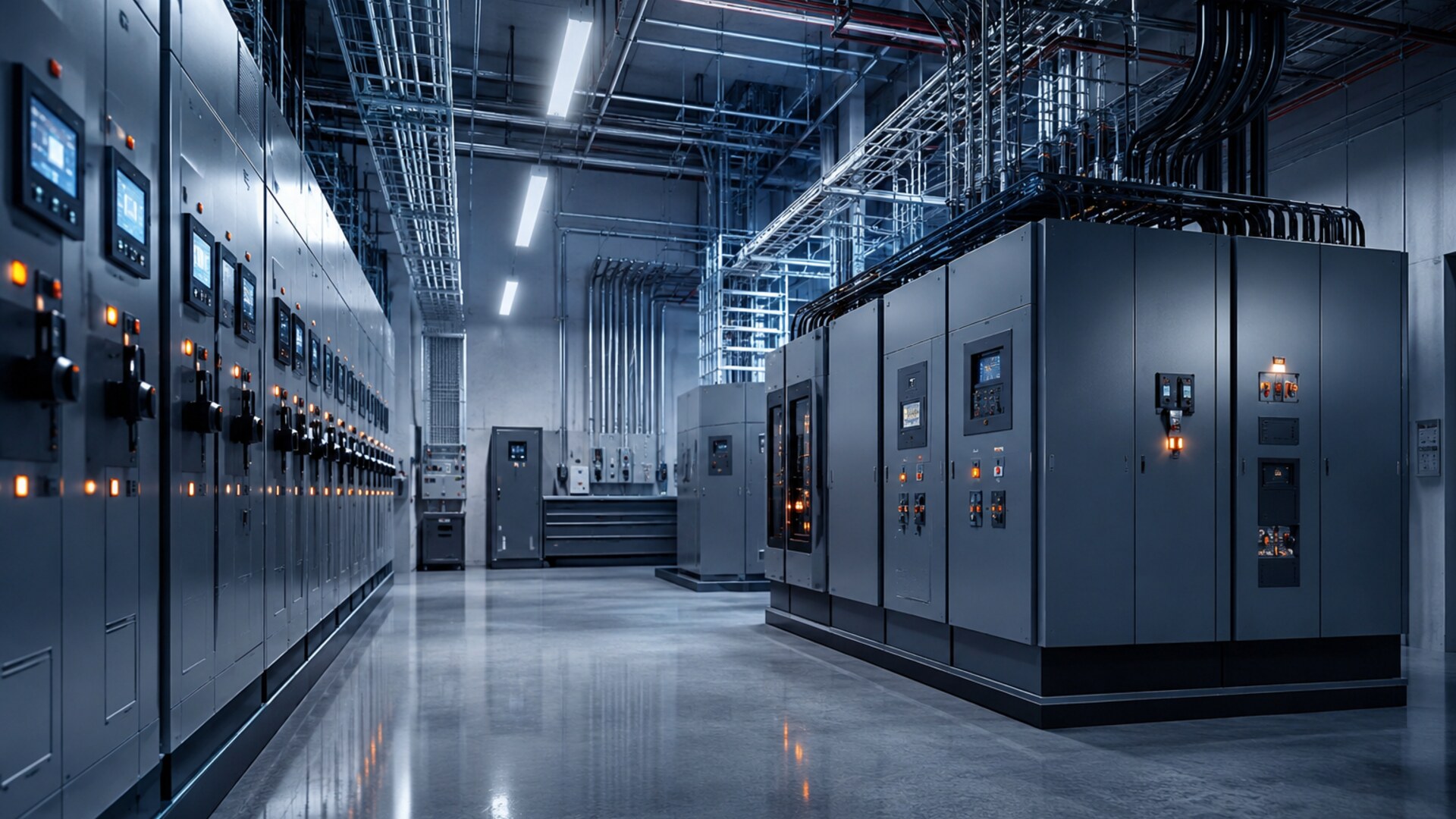 Modern electrical control room with switchgear and panels
