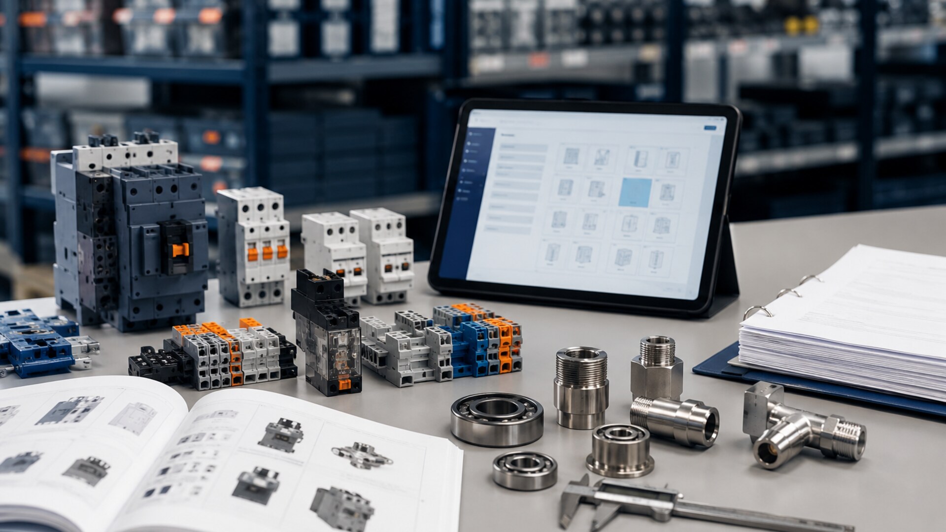 Technical procurement desk with industrial electrical and mechanical parts