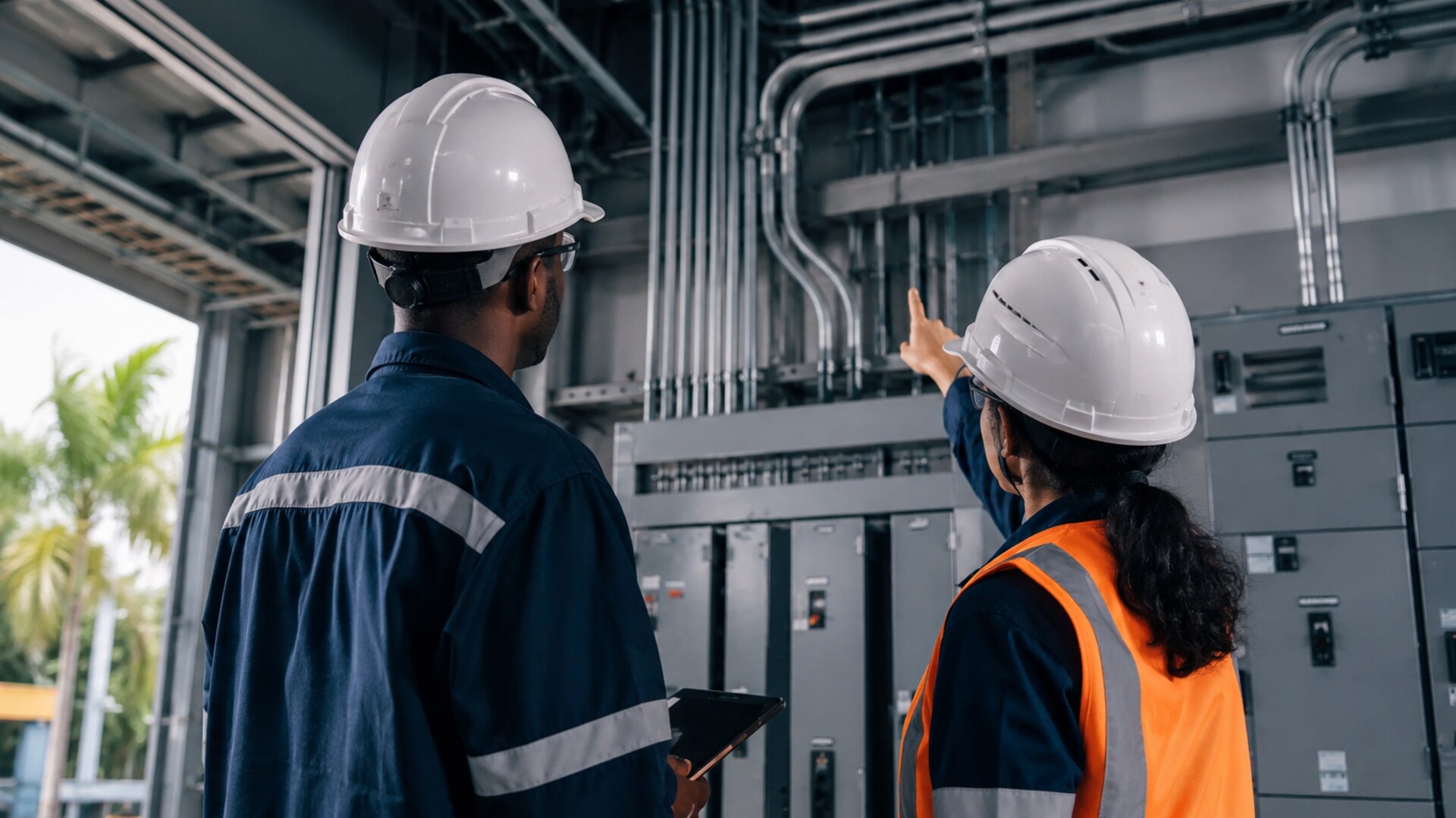 Engineering team reviewing an industrial electrical installation